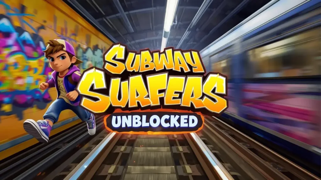 Subway Surfers Unblocked game art style character running on subway tracks with graffiti and trains