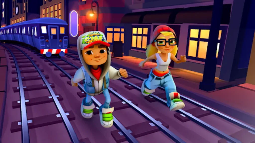 Subway Surfers unblocked characters Jake and Tricky standing on subway tracks in evening city setting