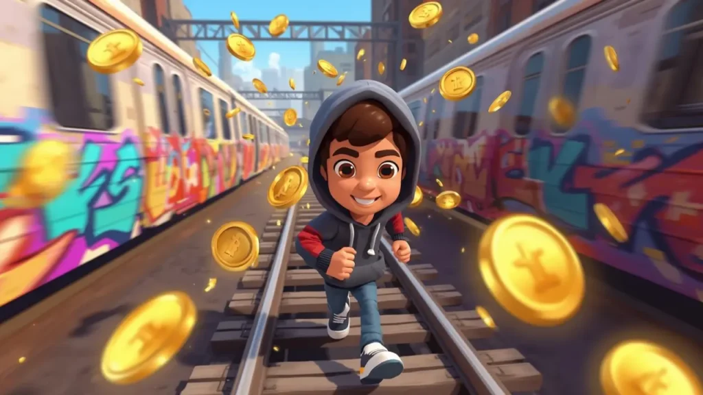 Subway Surfers unblocked gameplay showing character collecting golden coins while running through graffiti-covered subway tunnel
