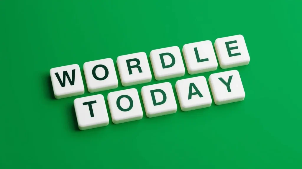 wordle hint text logo in 3D green square blocks with bold white letters on a clean background.