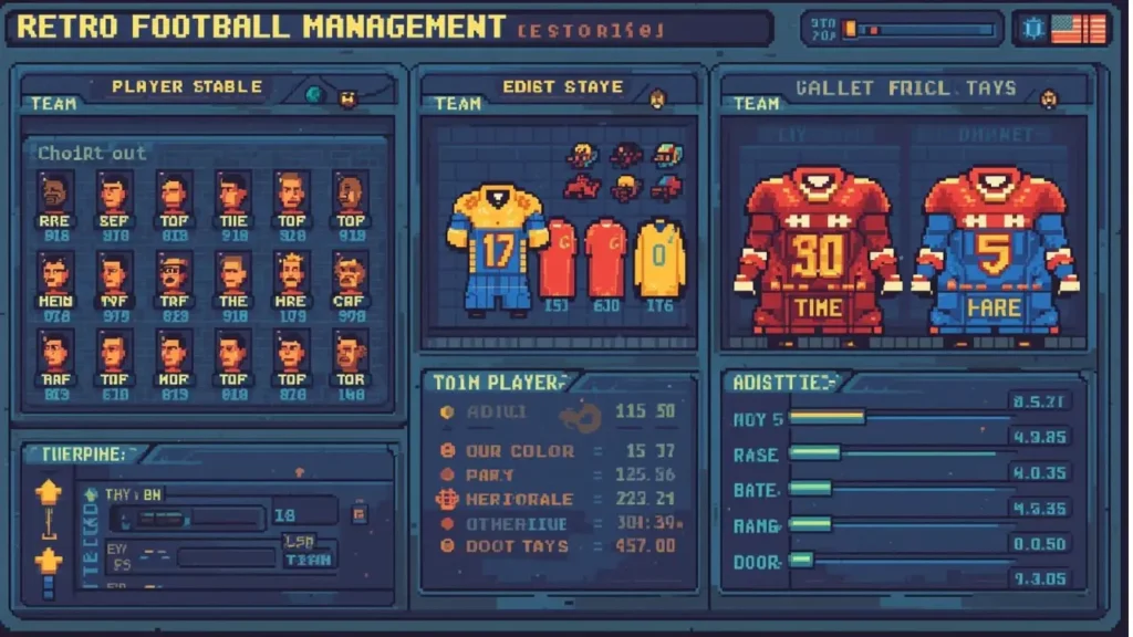Retro Bowl football management screen showing pixel-style team customization options, jerseys, and player stats in unblocked version