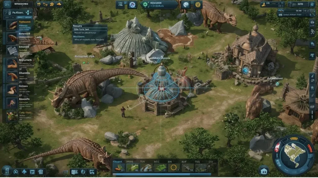 Concept of park management interface in Jurassic World Evolution 3, with weather and dinosaur systems.