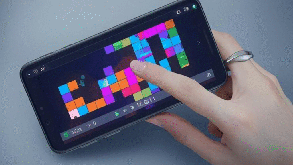 Player using touchscreen to play Google Block Breaker on smartphone with colorful block patterns.