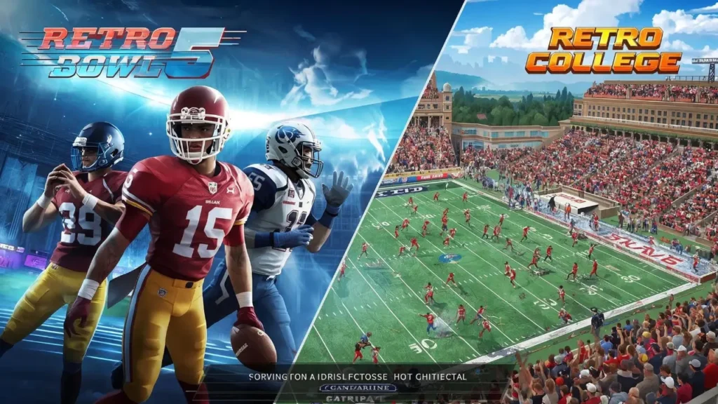 Retro Bowl 5 and Retro College football players on the field with dynamic stadium backgrounds representing modern updates to the unblocked series