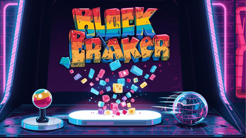 Retro-styled Google Block Breaker artwork inspired by 1970s arcade games like Breakout with colorful shattered blocks.